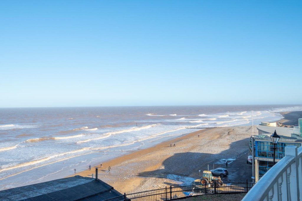 Lovely view from the balcony of a holiday home overlooking Cromer Beach in Norfolk.