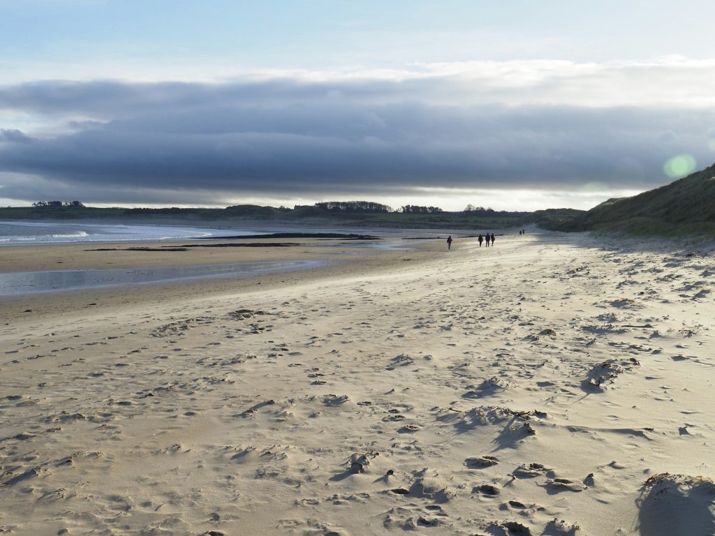 People walking in the distance on Embleton Beach in the afternoon sun.