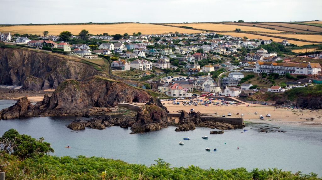 Looking down on the beach and harbour at Hope Cove, Devon, UK.