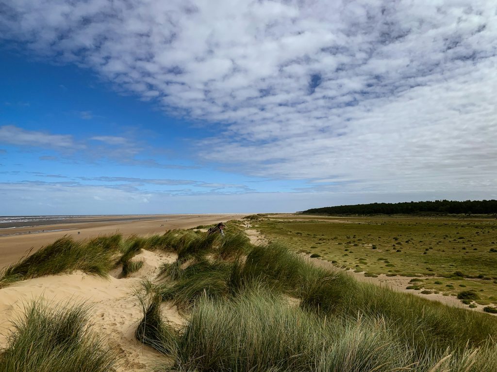 View of Holkham Beach from the sand dunes on a sunny day.