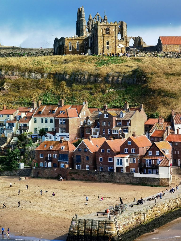 Whitby Abbey House above the beach in Whitby, Yorkshire, UK.