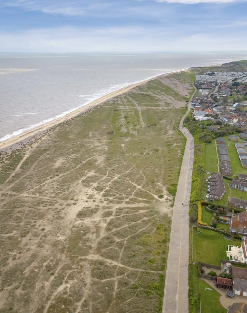 Aerial view of Kessingland Beach on a cloudy day.