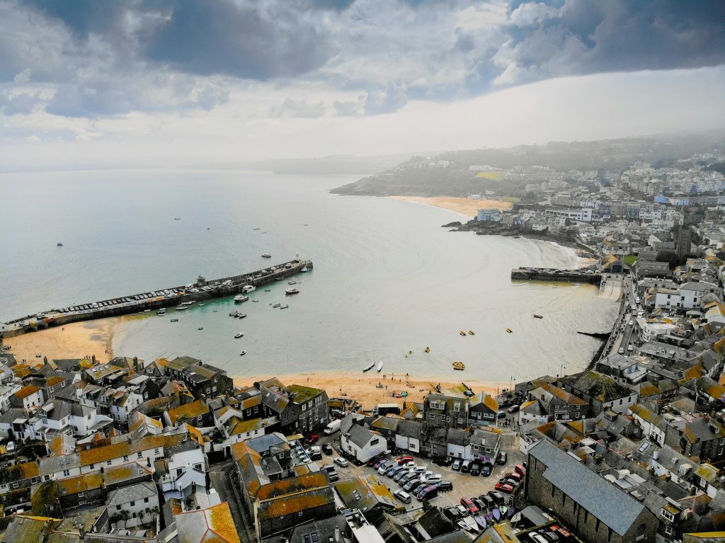 St Ives Harbour Beach on a grey winter's day.